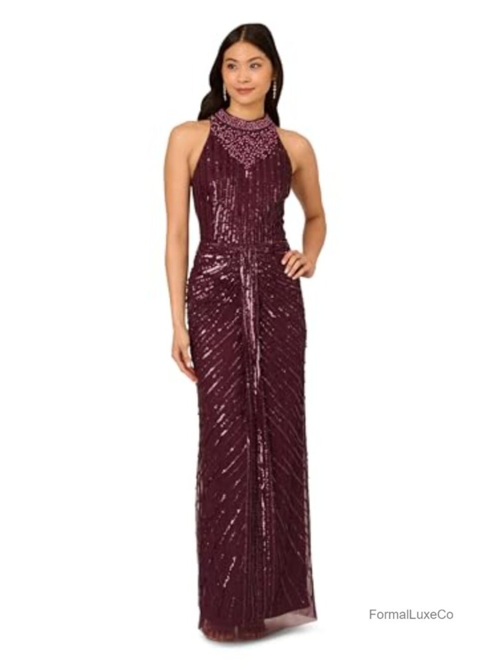 Adrianna Papell Halter Bead Drape Long Formal Gown Sleeveless Dress